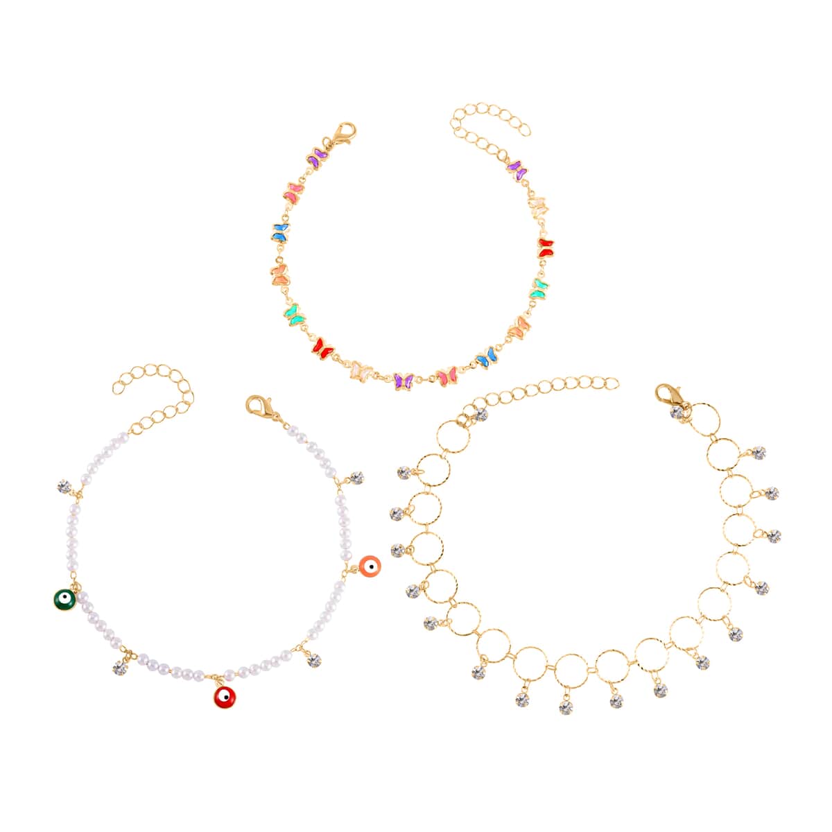 Simulated Pearl, Resin and Austrian Crystal Set of 3 Flower, Evil Eye & Butterfly Anklet in Goldtone (9-11In & 8.5-10.5In) image number 0