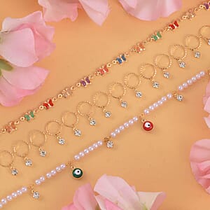 Simulated Pearl, Resin and Austrian Crystal Set of 3 Flower, Evil Eye & Butterfly Anklet in Goldtone (9-11In & 8.5-10.5In)