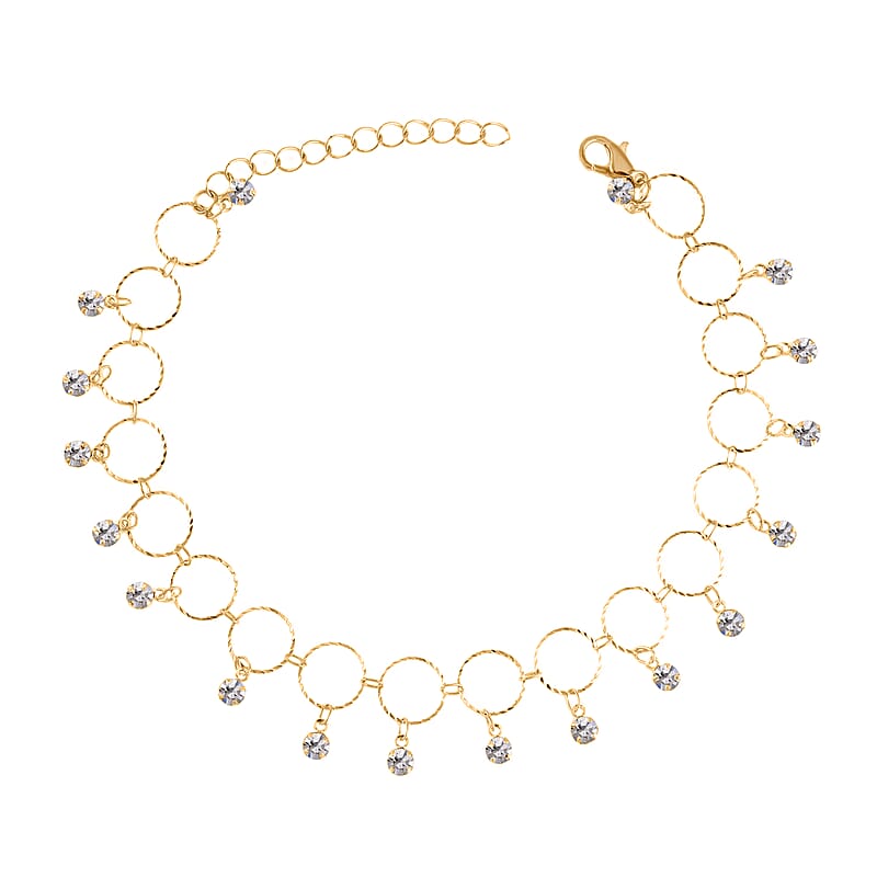 Simulated Pearl, Resin and Austrian Crystal Set of 3 Flower, Evil Eye & Butterfly Anklet in Goldtone (9-11In & 8.5-10.5In)