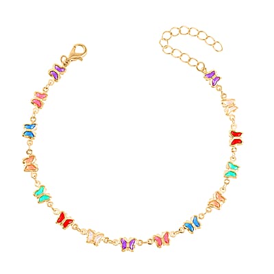 Simulated Pearl, Resin and Austrian Crystal Set of 3 Flower, Evil Eye & Butterfly Anklet in Goldtone (9-11In & 8.5-10.5In)