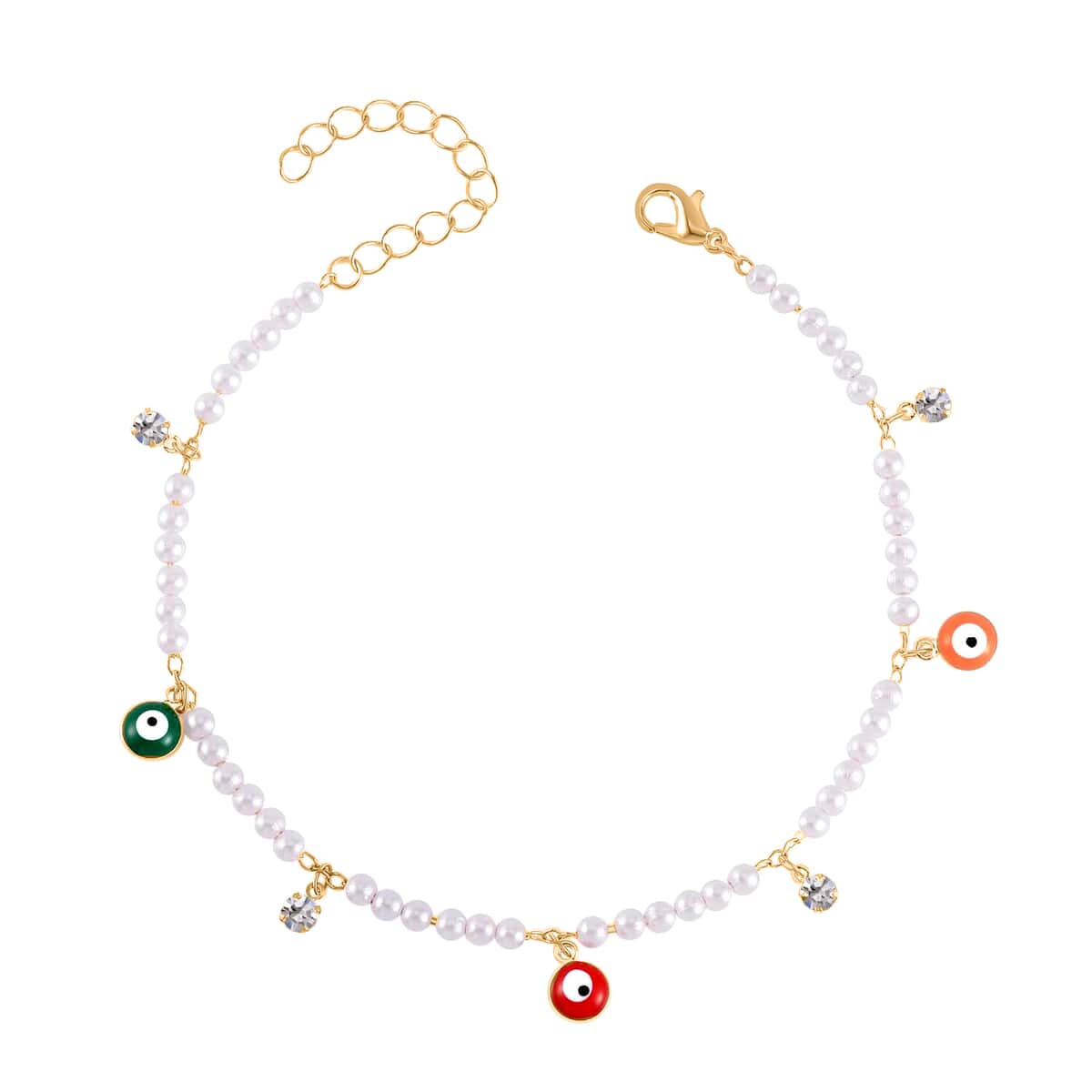 Simulated Pearl, Resin and Austrian Crystal Set of 3 Flower, Evil Eye & Butterfly Anklet in Goldtone (9-11In & 8.5-10.5In) image number 4