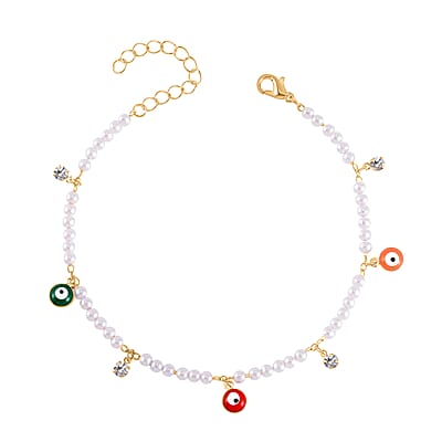 Simulated Pearl, Resin and Austrian Crystal Set of 3 Flower, Evil Eye & Butterfly Anklet in Goldtone (9-11In & 8.5-10.5In)