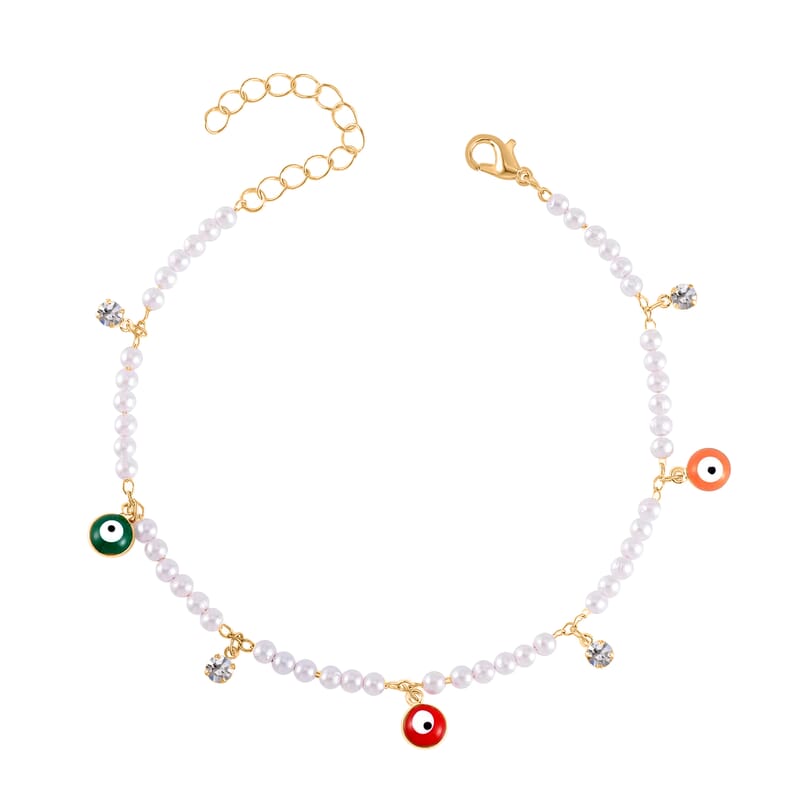 Simulated Pearl, Resin and Austrian Crystal Set of 3 Flower, Evil Eye & Butterfly Anklet in Goldtone (9-11In & 8.5-10.5In)