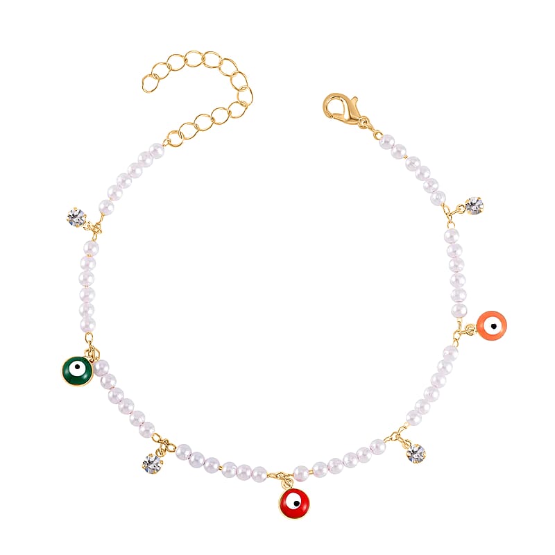 Simulated Pearl, Resin and Austrian Crystal Set of 3 Flower, Evil Eye & Butterfly Anklet in Goldtone (9-11In & 8.5-10.5In)