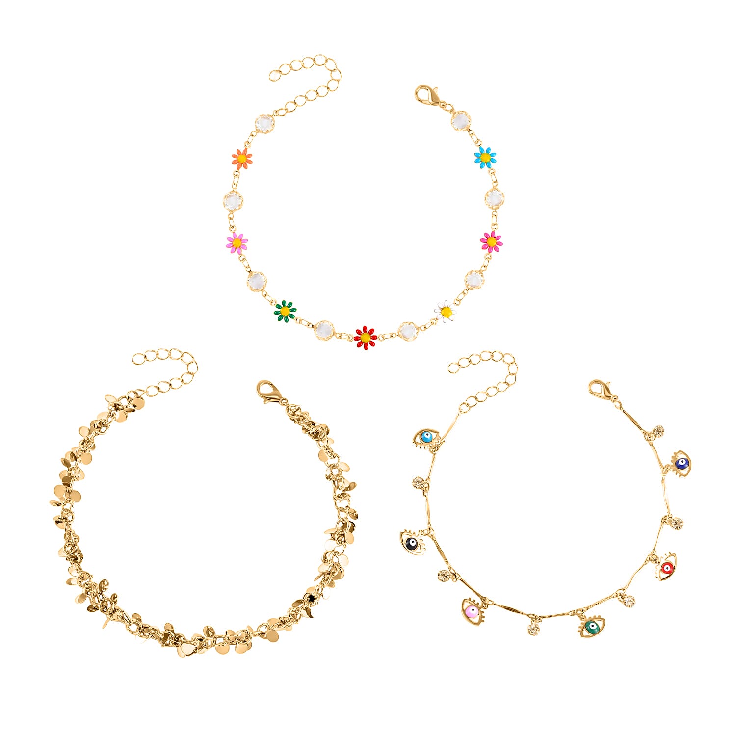 Austrian Crystal, Enameled Set of 3 Flower, Charm & Evil Eye Anklet in Goldtone (9-11In & 8.5-10.5In)