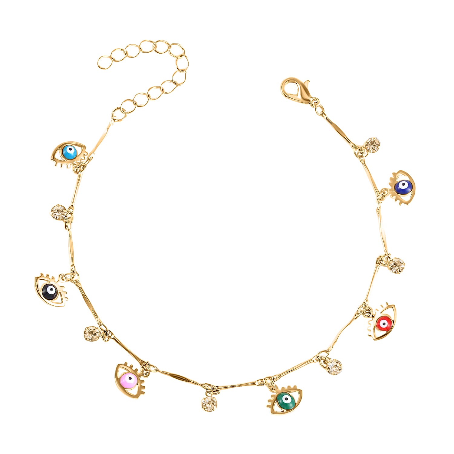 Austrian Crystal, Enameled Set of 3 Flower, Charm & Evil Eye Anklet in Goldtone (9-11In & 8.5-10.5In)