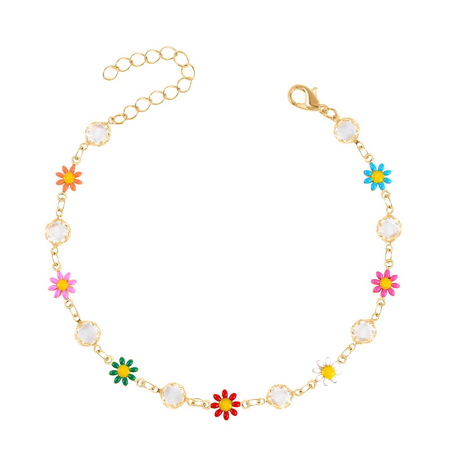 Austrian Crystal, Enameled Set of 3 Flower, Charm & Evil Eye Anklet in Goldtone (9-11In & 8.5-10.5In)