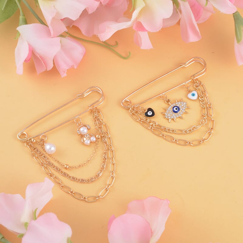 Simulated Pearl, Austrian Crystal Enameled Set of 2 Teddy Bear and Heart Brooch in Goldtone