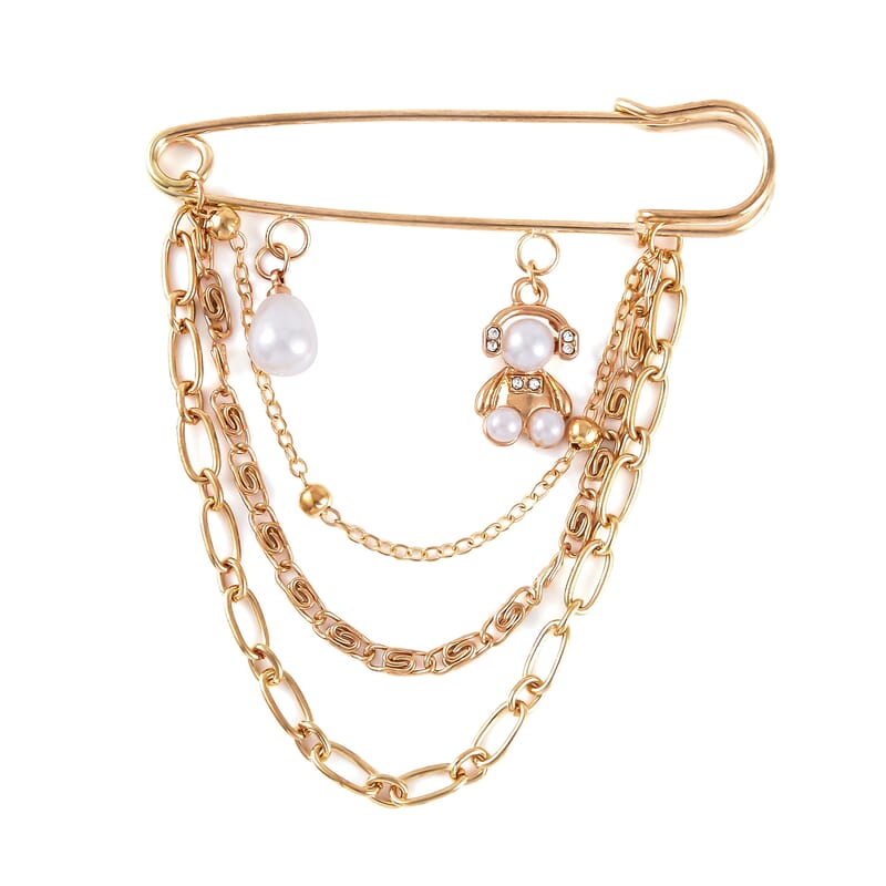 Simulated Pearl, Austrian Crystal Enameled Set of 2 Teddy Bear and Heart Brooch in Goldtone