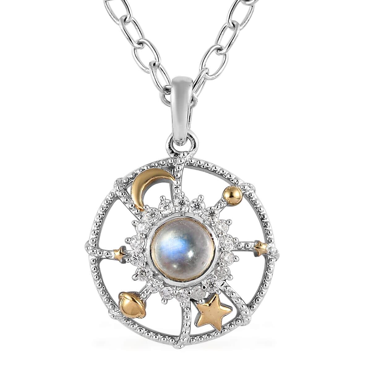 Premium Rainbow Moonstone, Moissanite Celestial Galaxy Pendant with Paper Clip Chain Necklace (20 Inches) in Vermeil YG and Platinum Over Sterling Silver 0.75 ctw image number 0