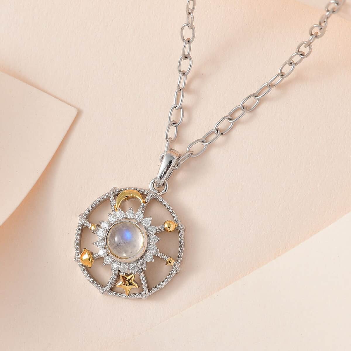 Premium Rainbow Moonstone, Moissanite Celestial Galaxy Pendant with Paper Clip Chain Necklace (20 Inches) in Vermeil YG and Platinum Over Sterling Silver 0.75 ctw image number 1