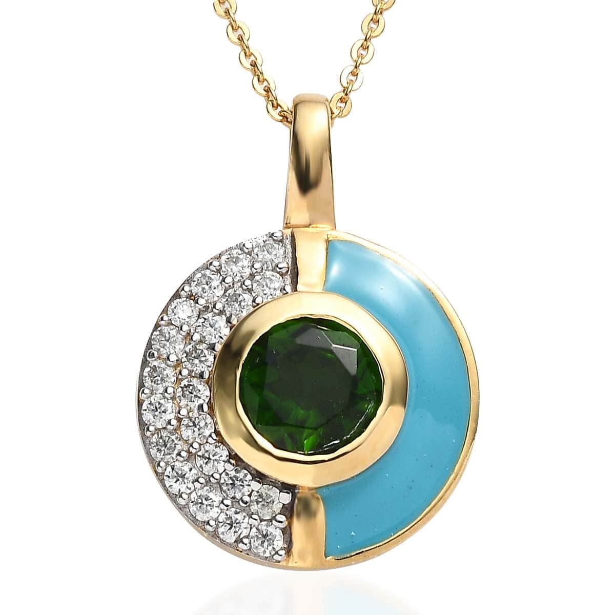 Chrome Diopside, Moissanite and Blue Enameled Pendant Necklace 20 Inches in Vermeil YG Over Sterling Silver 1.85 ctw image number 0