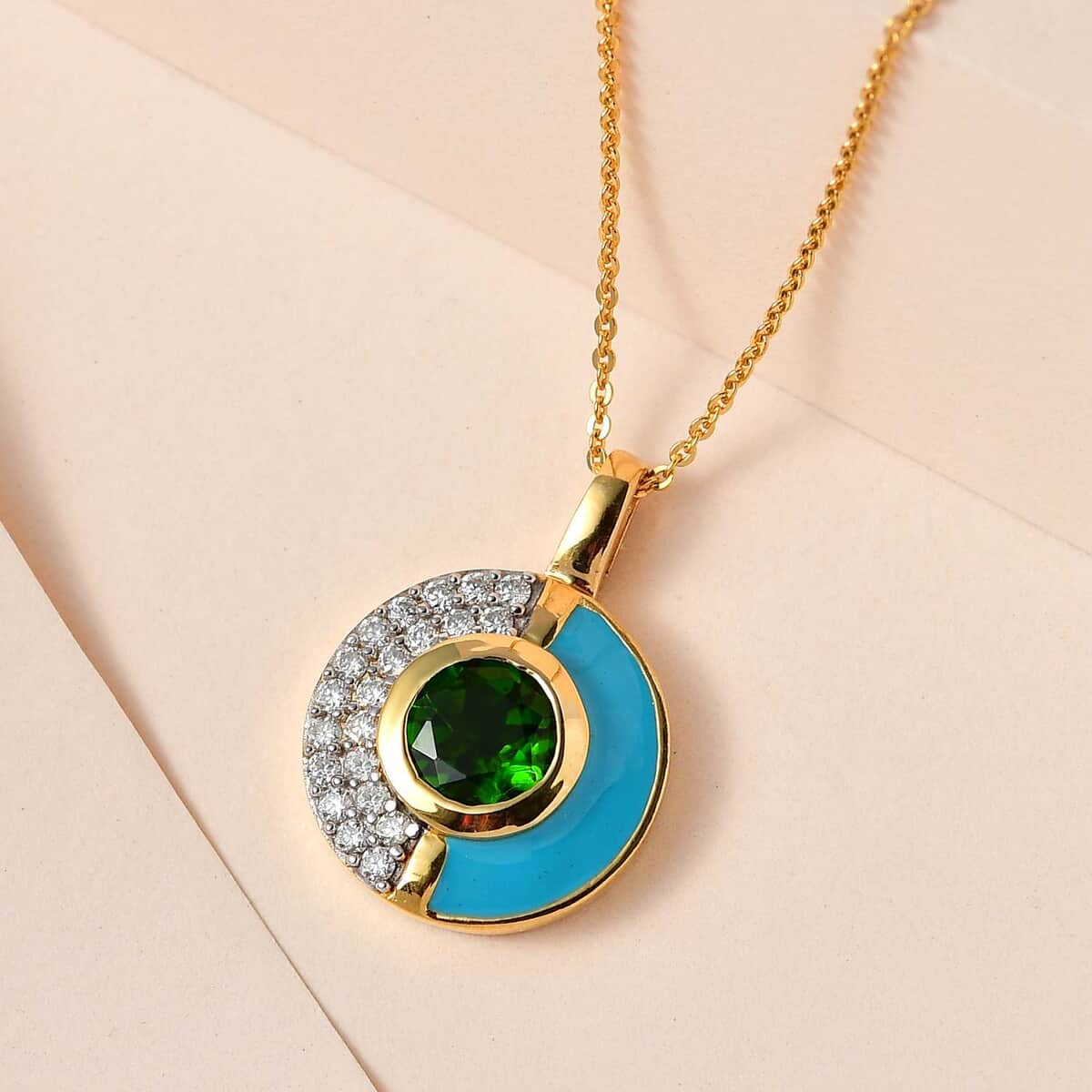 Chrome Diopside, Moissanite and Blue Enameled Pendant Necklace 20 Inches in Vermeil YG Over Sterling Silver 1.85 ctw image number 1