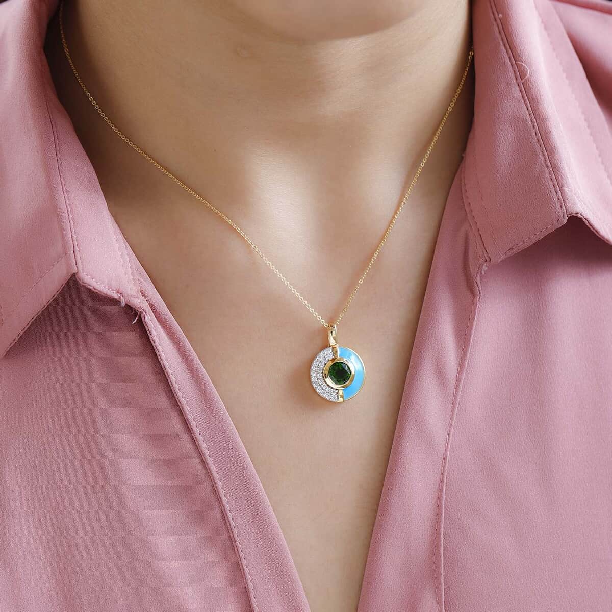 Chrome Diopside, Moissanite and Blue Enameled Pendant Necklace 20 Inches in Vermeil YG Over Sterling Silver 1.85 ctw image number 2
