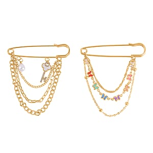 Simulated Pearl, Multi Gemstone Enameled Set of 2 Key and Butterfly Charm Brooch in Goldtone