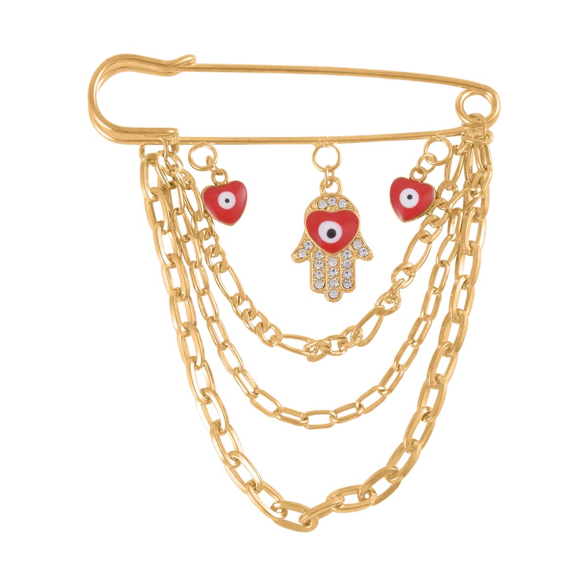 Simulated Pearl, Austrian Crystal Enameled Set of 2 Hamsa and Flower Charm Brooch in Goldtone image number 2