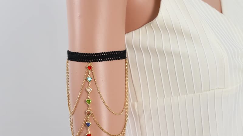White Glass and Austrian Crystal Enameled Set of 2 Arm Bracelet in Goldtone