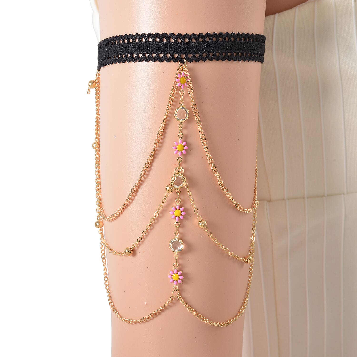 White Glass and Austrian Crystal Enameled Set of 2 Arm Bracelet in Goldtone