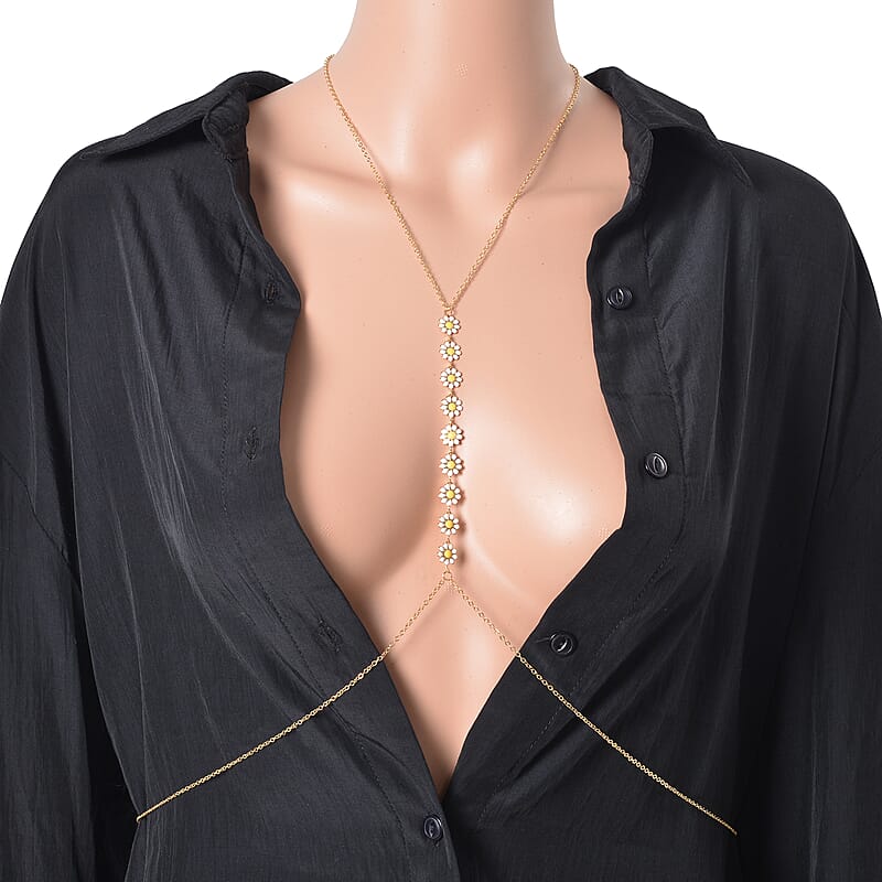 Austrian Crystal and Simulated Pearl Enameled Set of 2 Body Chain (Neck 20-22In & Waist 45-47In) in Goldtone