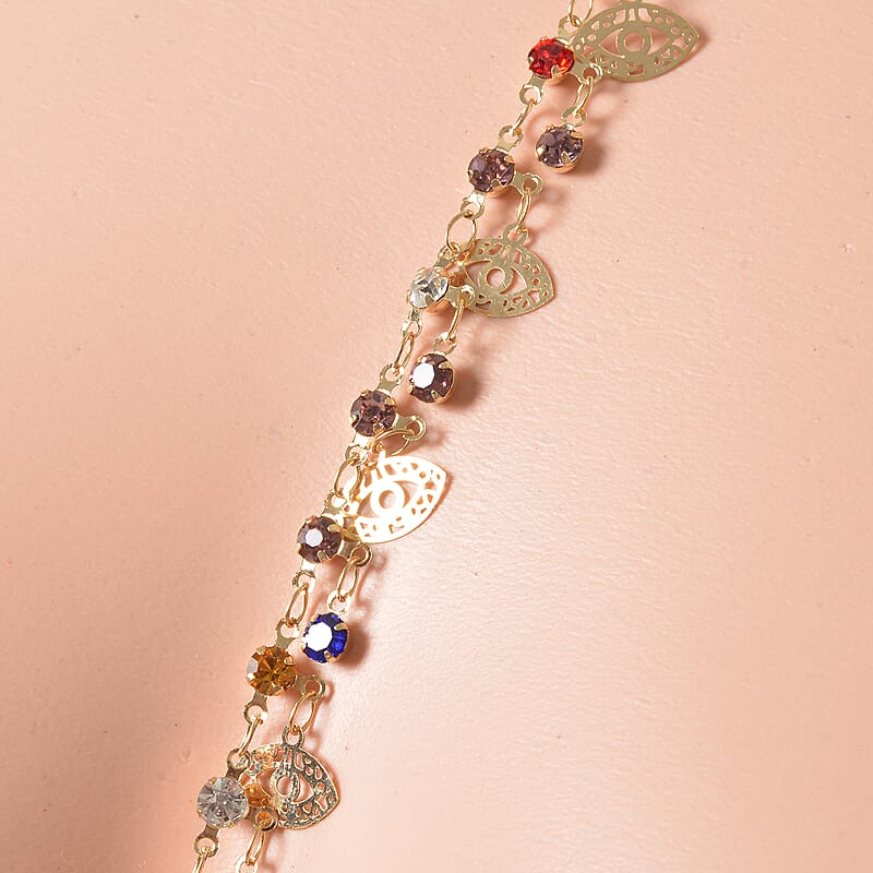 Multi Color Austrian Crystal and Enameled Set of 2 Body Chain (Neck 20-22In & Waist 45-47In) in Goldtone