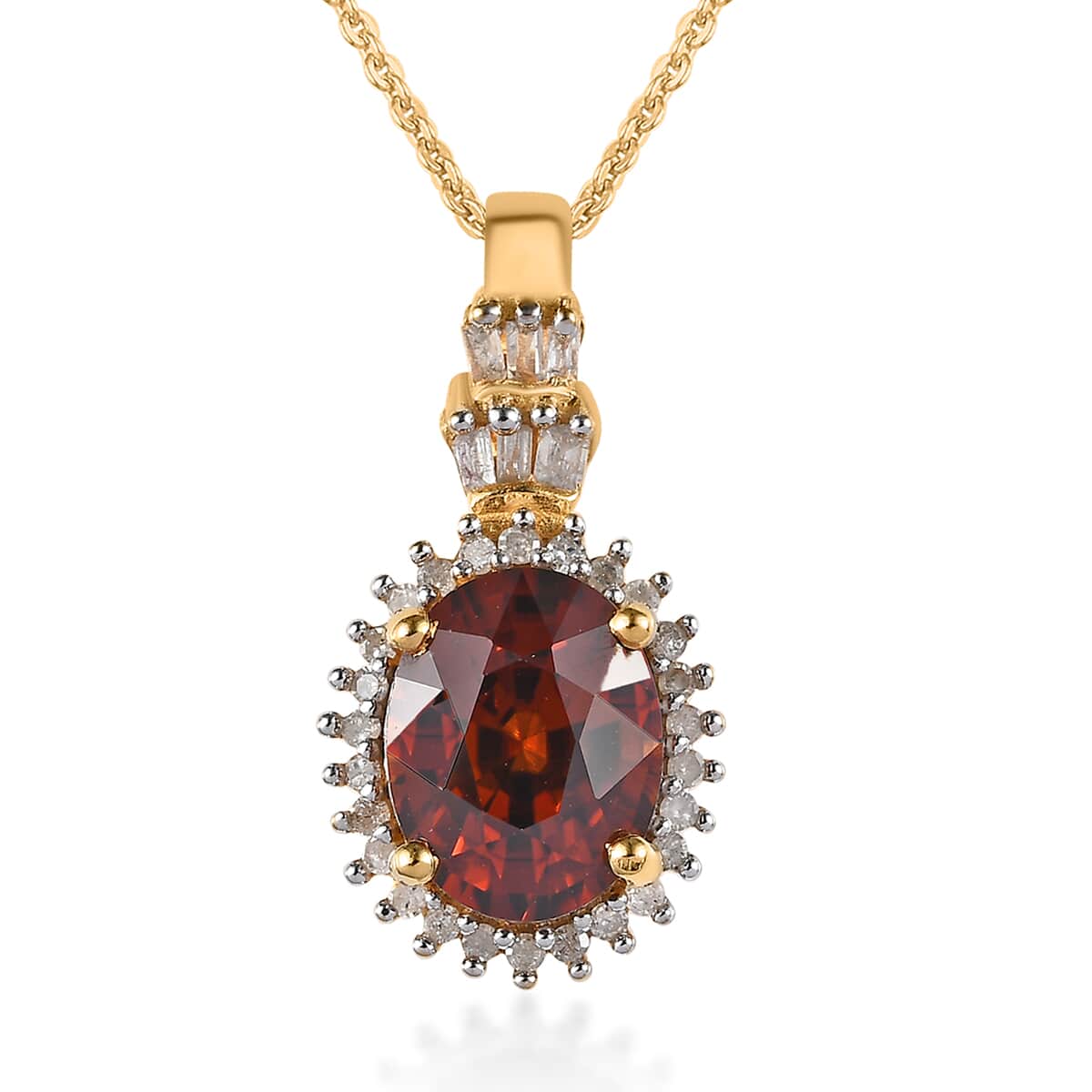 Premium Red Zircon and Diamond Sunburst Pendant Necklace 20 Inches in Vermeil Yellow Gold Over Sterling Silver 3.20 ctw image number 0