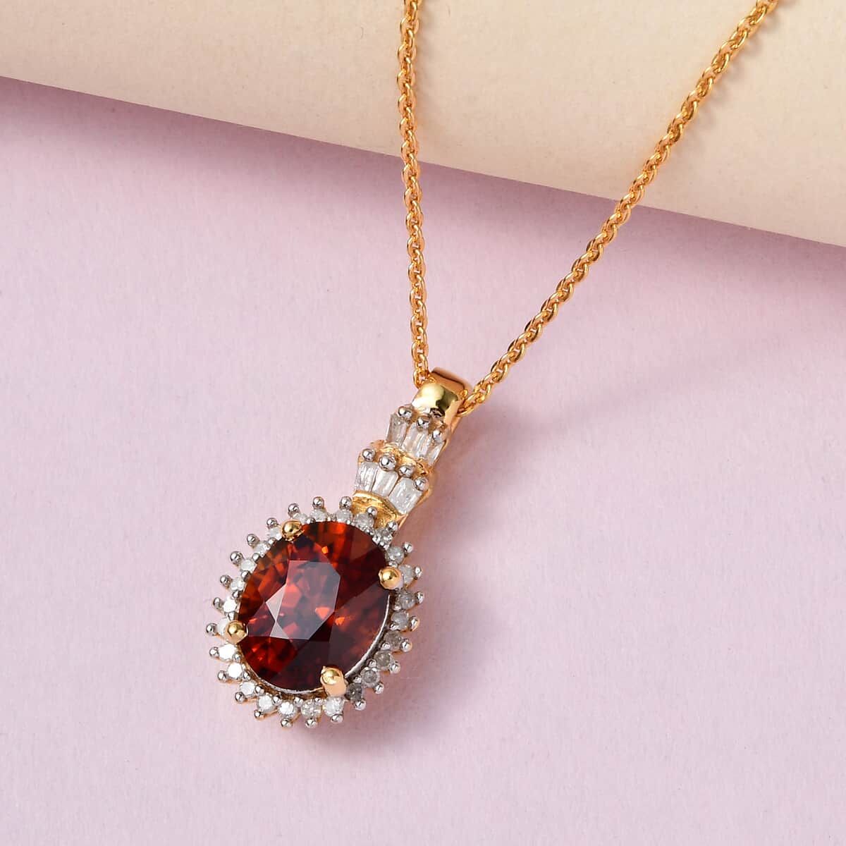 Premium Red Zircon and Diamond Sunburst Pendant Necklace 20 Inches in Vermeil Yellow Gold Over Sterling Silver 3.20 ctw image number 1