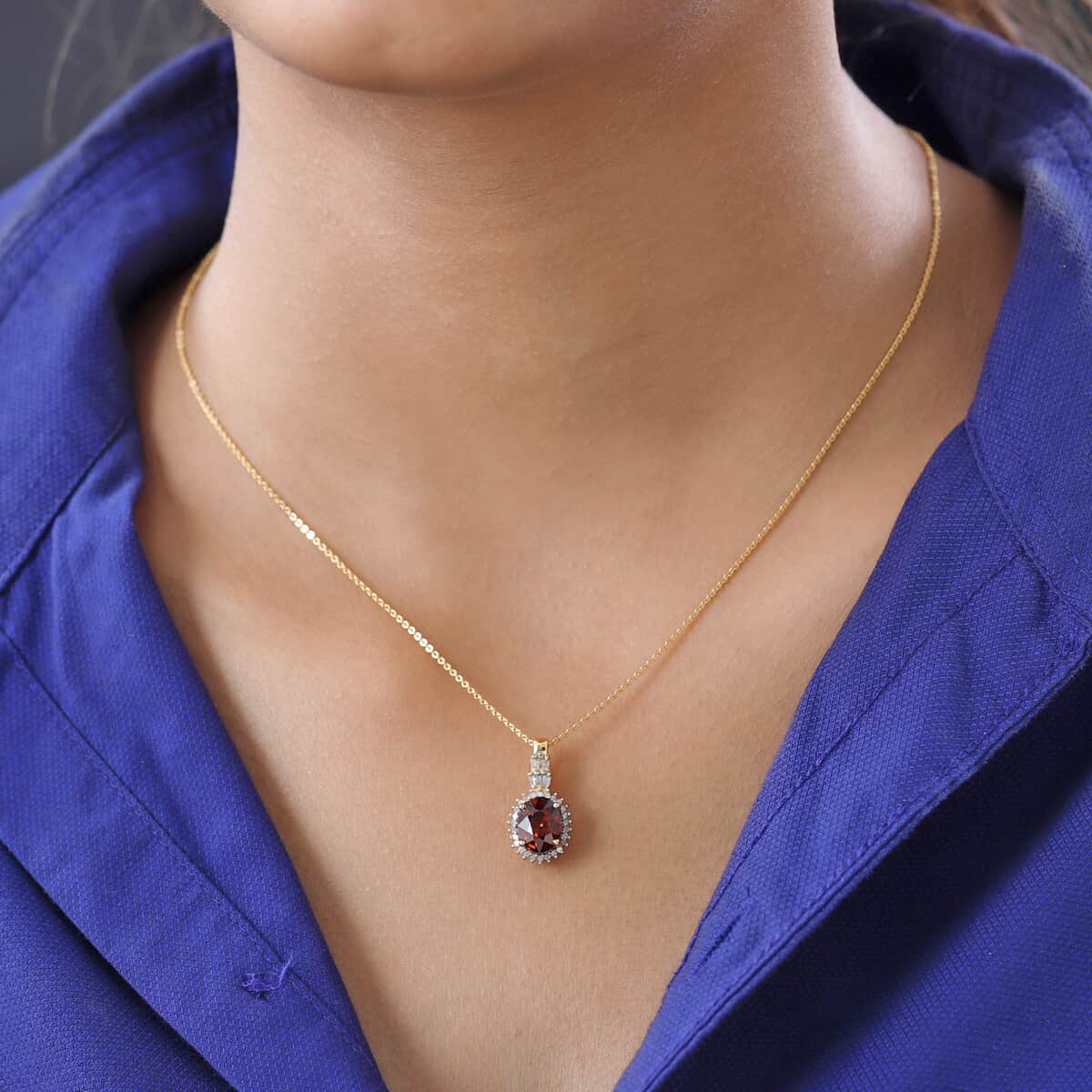 Premium Red Zircon and Diamond Sunburst Pendant Necklace 20 Inches in Vermeil Yellow Gold Over Sterling Silver 3.20 ctw image number 2