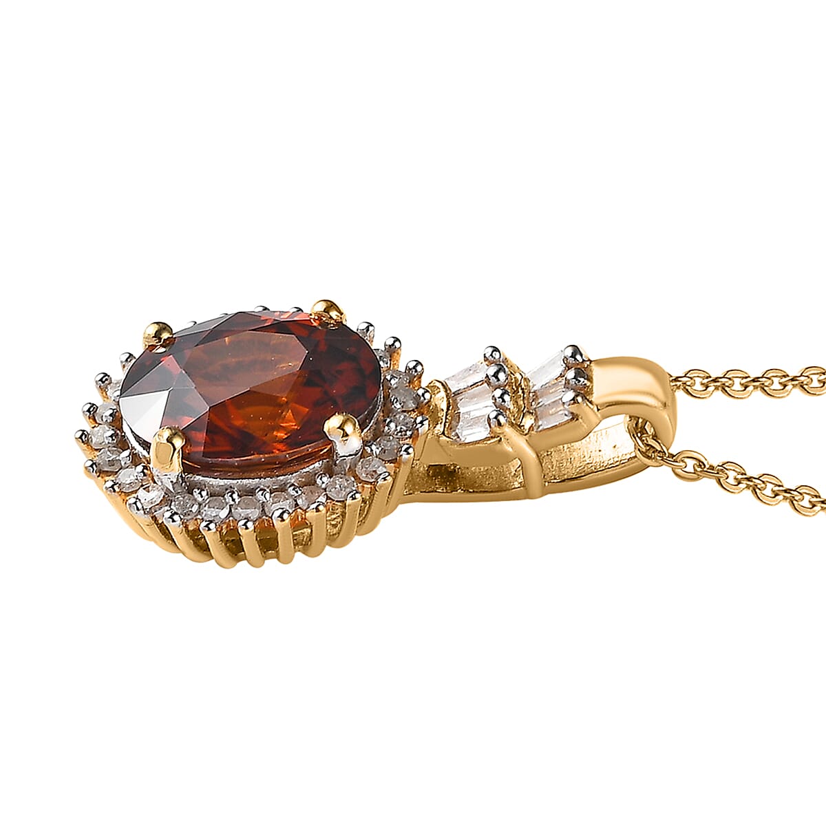 Premium Red Zircon and Diamond Sunburst Pendant Necklace 20 Inches in Vermeil Yellow Gold Over Sterling Silver 3.20 ctw