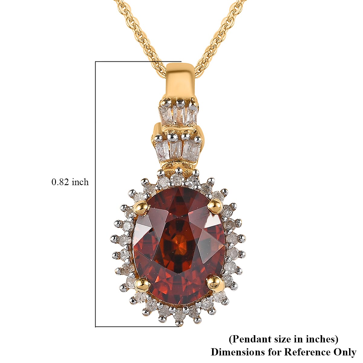 Premium Red Zircon and Diamond Sunburst Pendant Necklace 20 Inches in Vermeil Yellow Gold Over Sterling Silver 3.20 ctw