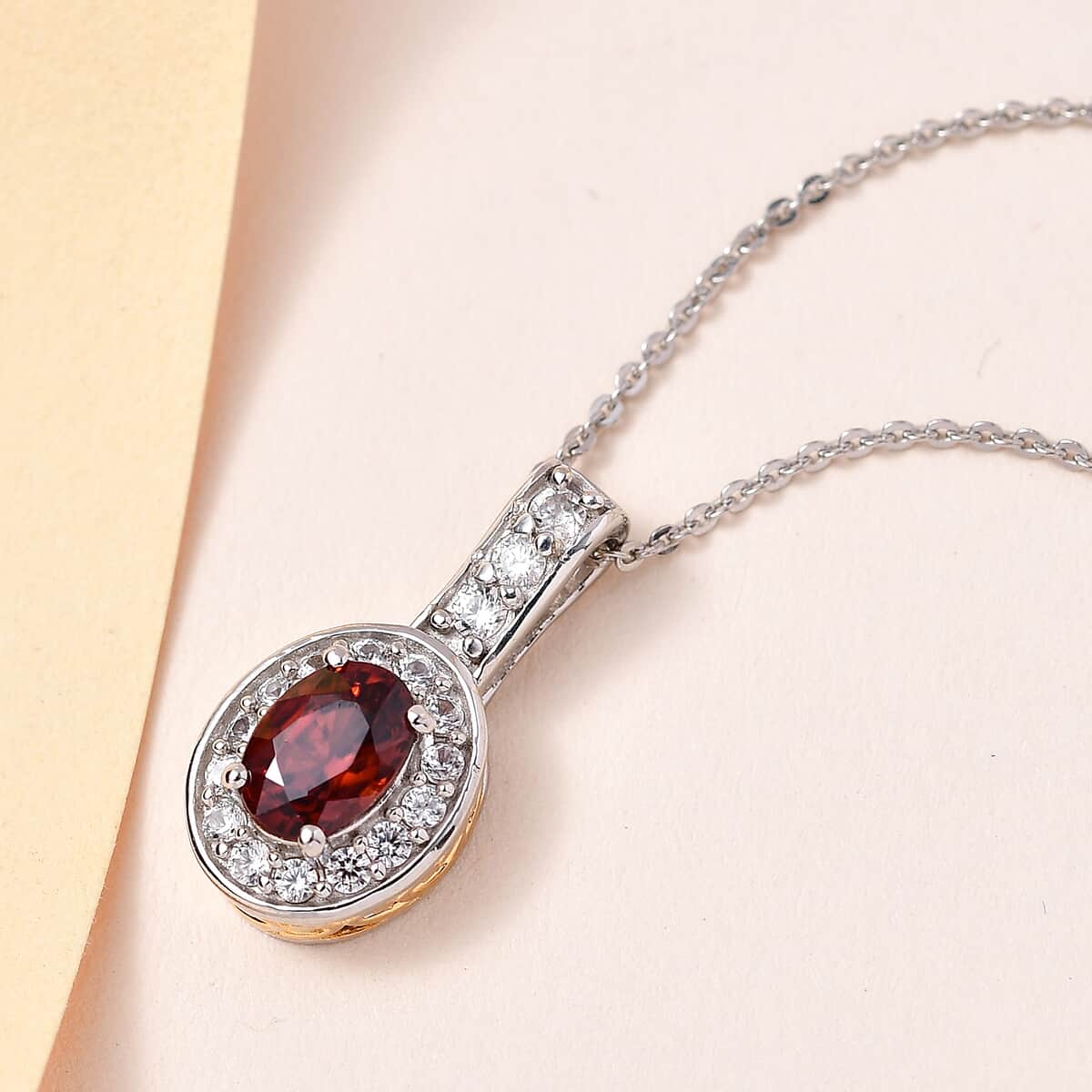 Red Zircon and White Zircon Halo Pendant Necklace 20 Inches in Vermeil Yellow Gold and Platinum Over Sterling Silver 1.90 ctw image number 1