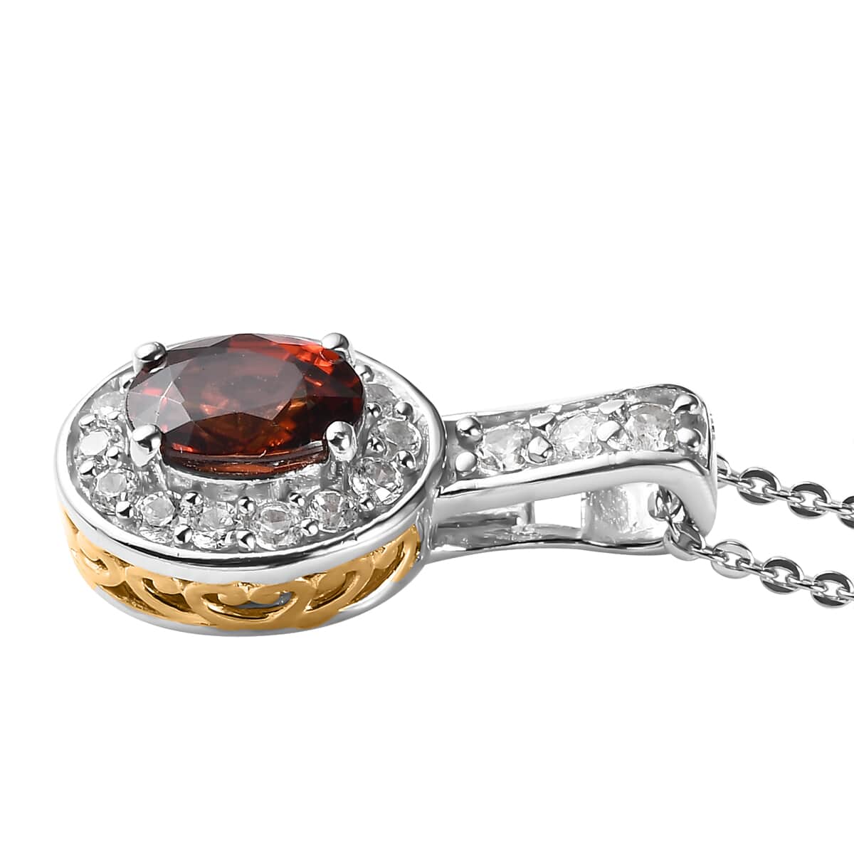 Red Zircon and White Zircon Halo Pendant Necklace 20 Inches in Vermeil Yellow Gold and Platinum Over Sterling Silver 1.90 ctw image number 3