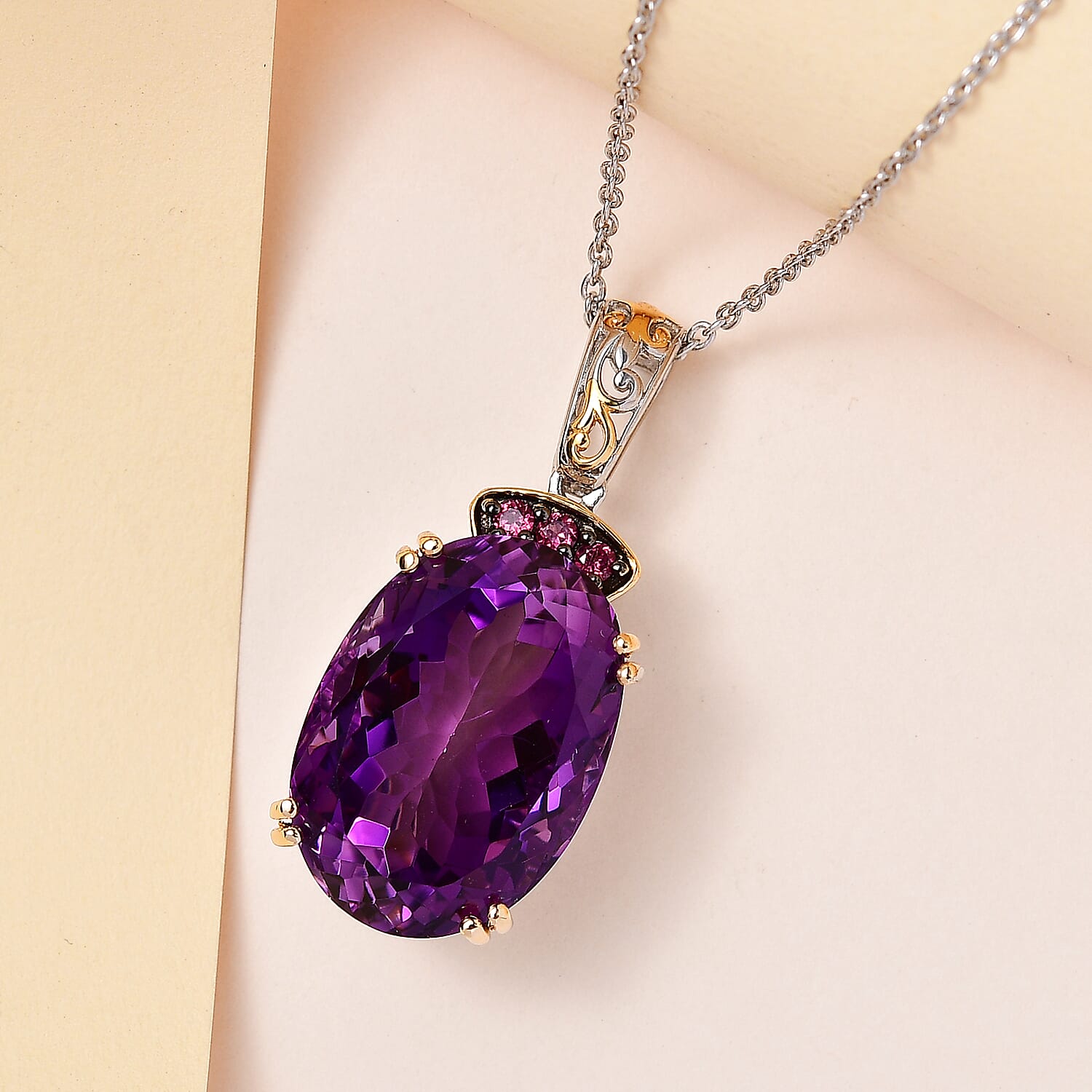 African Amethyst and Orissa Rhodolite Garnet Pendant Necklace 20 Inches in Vermeil YG & Platinum Over Sterling Silver 22.35 ctw