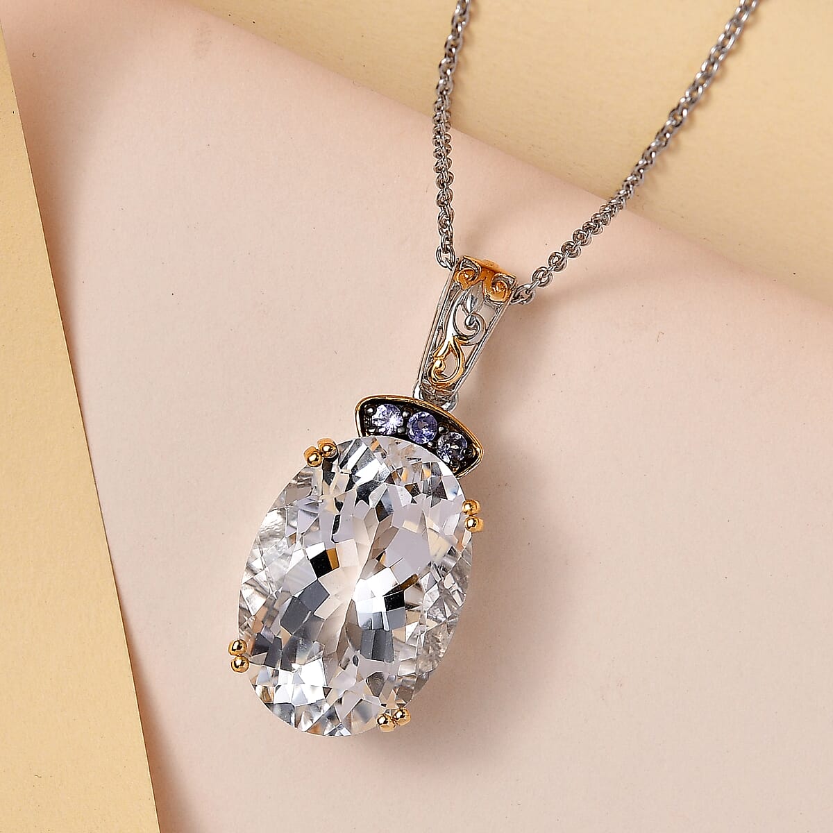 White Crystal and Tanzanite Pendant Necklace 20 Inches in Vermeil YG & Platinum Over Sterling Silver 0.15 ctw image number 1