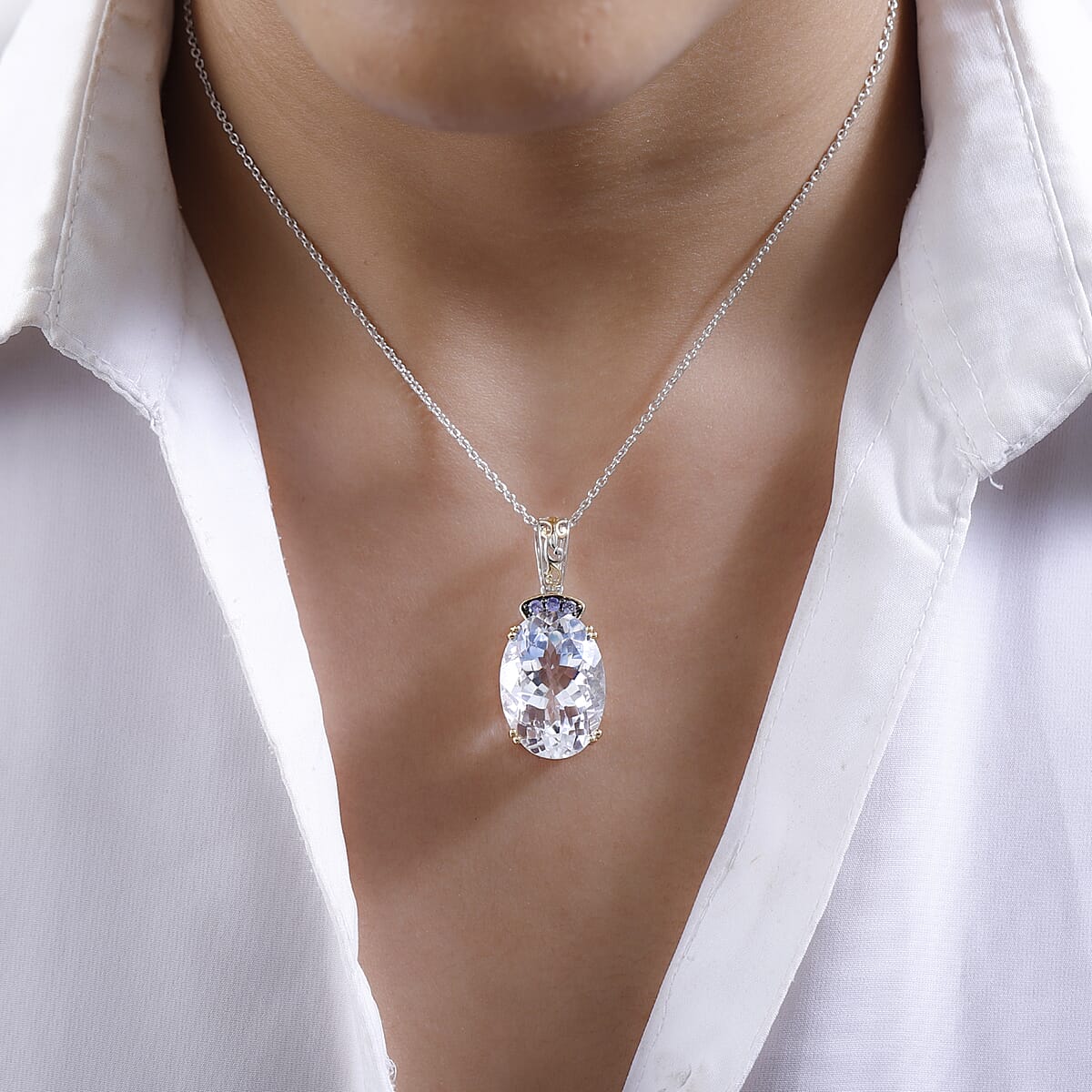 White Crystal and Tanzanite Pendant Necklace 20 Inches in Vermeil YG & Platinum Over Sterling Silver 0.15 ctw image number 2
