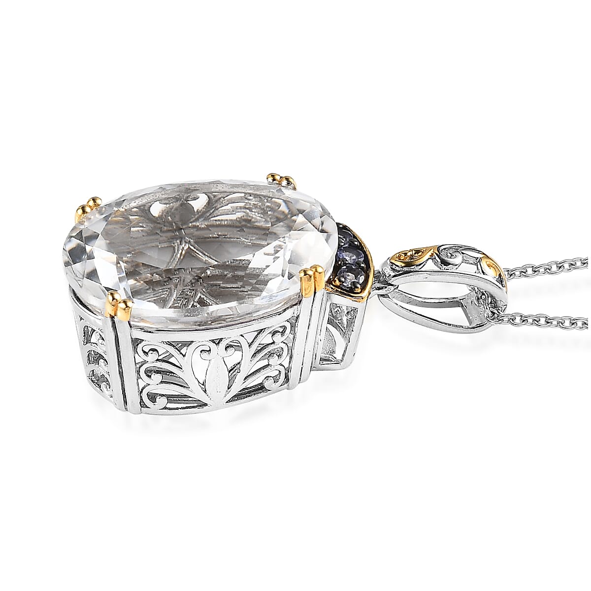 White Crystal and Tanzanite Pendant Necklace 20 Inches in Vermeil YG & Platinum Over Sterling Silver 0.15 ctw image number 3