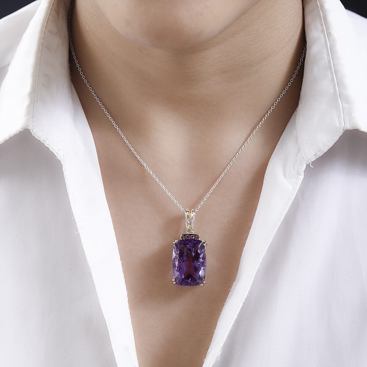 Amethyst and Orissa Rhodolite Garnet Pendant Necklace 20 Inches in Platinum Over Sterling Silver 26.00 ctw image number 2