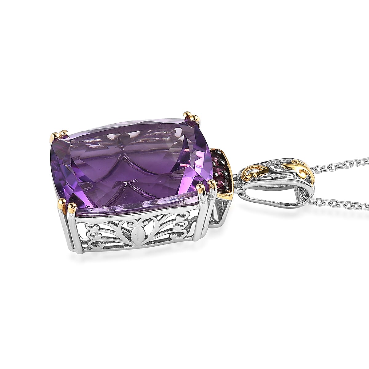 Amethyst and Orissa Rhodolite Garnet Pendant Necklace 20 Inches in Platinum Over Sterling Silver 26.00 ctw image number 3