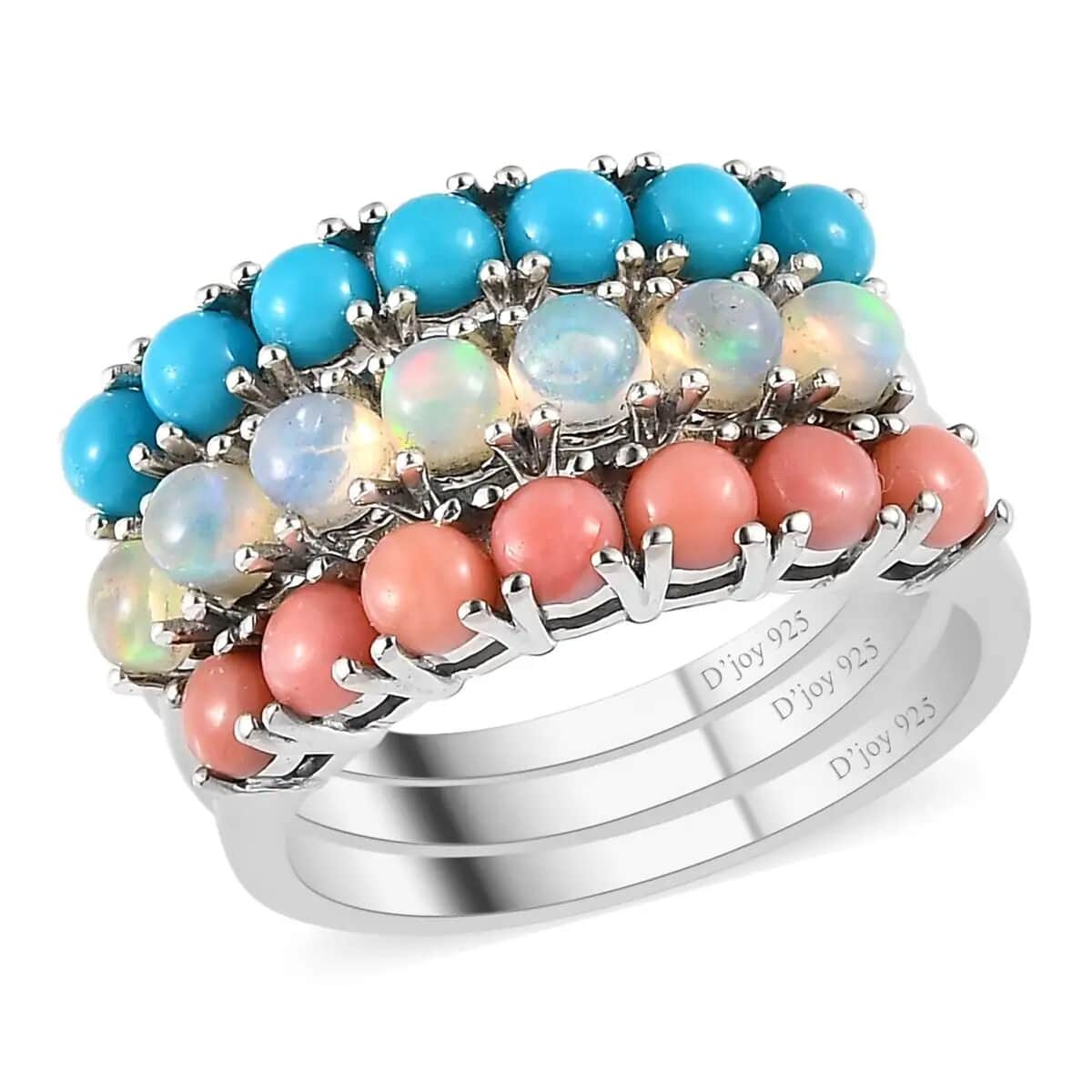 Sleeping Beauty Turquoise, Ethiopian Welo Opal and Peach Opal Set of 3 Ring in Platinum Over Sterling Silver 2.40 ctw (Del. in 7-10 Days) image number 0