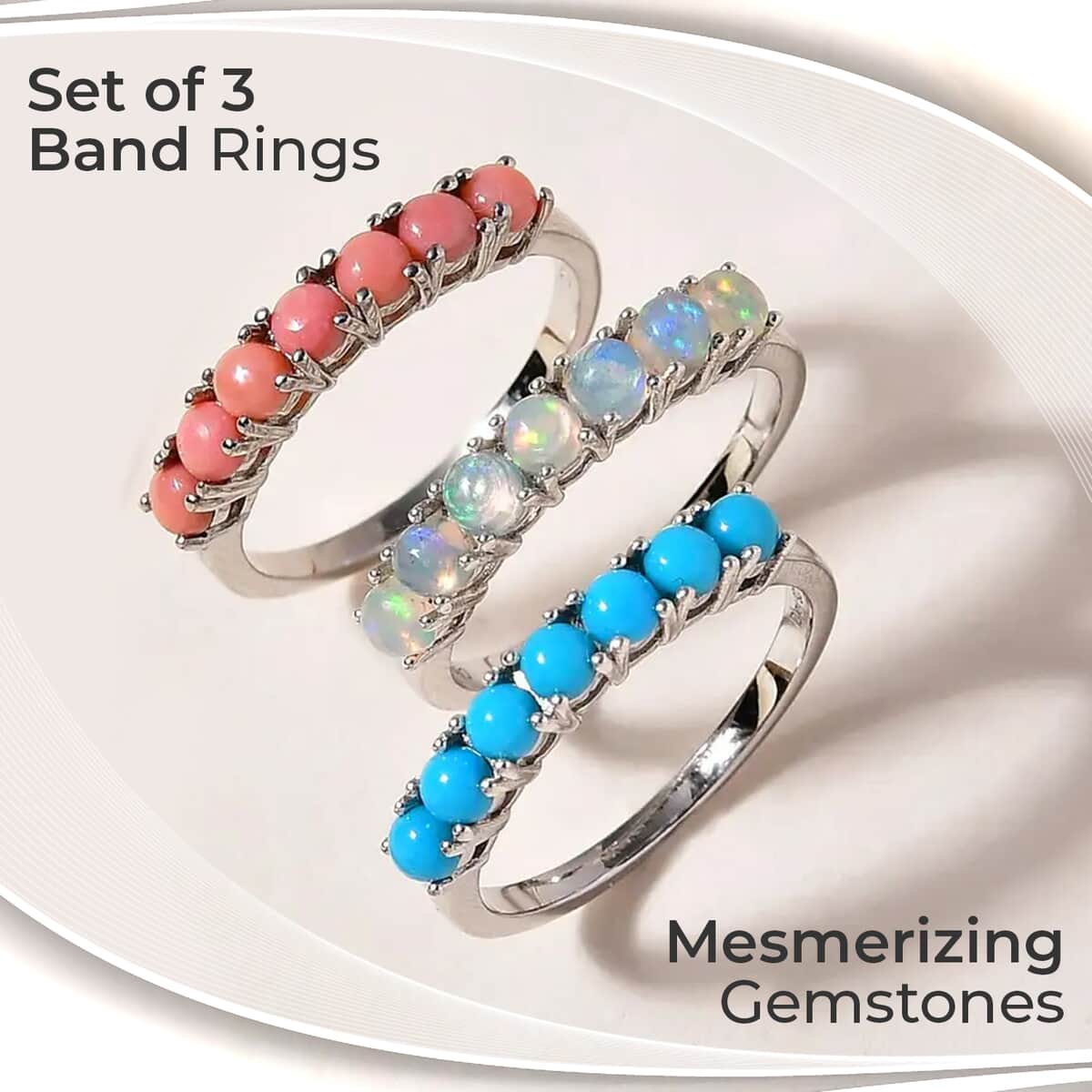 Sleeping Beauty Turquoise, Ethiopian Welo Opal and Peach Opal Set of 3 Ring in Platinum Over Sterling Silver 2.40 ctw (Del. in 7-10 Days) image number 1