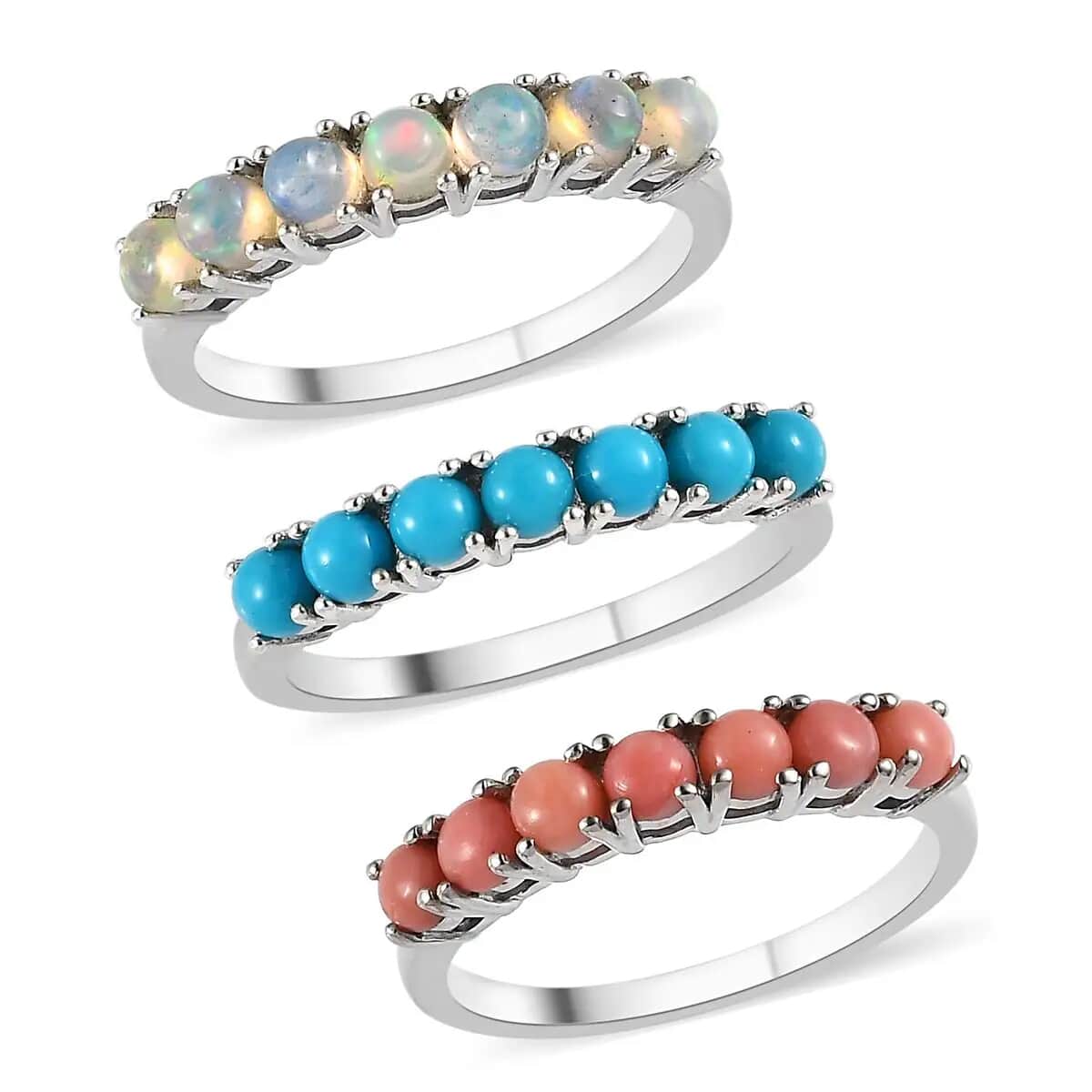 Sleeping Beauty Turquoise, Ethiopian Welo Opal and Peach Opal Set of 3 Ring in Platinum Over Sterling Silver 2.40 ctw (Del. in 7-10 Days) image number 3