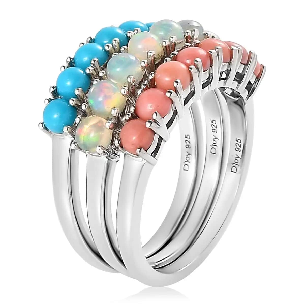 Sleeping Beauty Turquoise, Ethiopian Welo Opal and Peach Opal Set of 3 Ring in Platinum Over Sterling Silver 2.40 ctw (Del. in 7-10 Days) image number 4