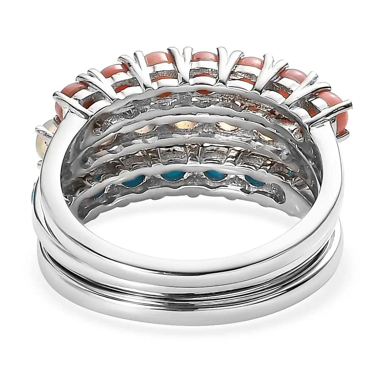 Set of 3 Rings, Sleeping Beauty Turquoise Ring, Ethiopian Welo Opal Ring,  Peach Opal Ring,  Stackable Rings, Platinum Over Sterling Silver Rings Set2.40 ctw