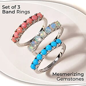 Set of 3 Rings, Sleeping Beauty Turquoise Ring, Ethiopian Welo Opal Ring,  Peach Opal Ring,  Stackable Rings, Platinum Over Sterling Silver Rings Set2.40 ctw