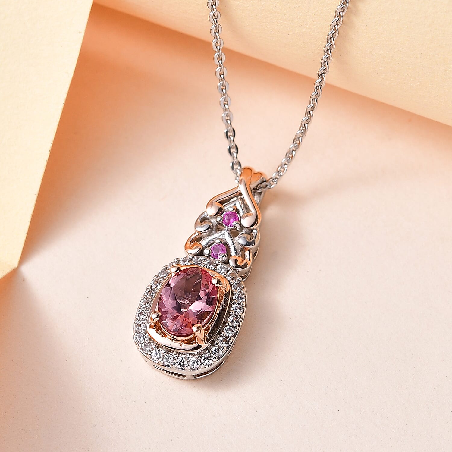 Red Rose Apatite and Multi Gemstone Pendant Necklace 20 Inches in Vermeil RG and Platinum Over Sterling Silver 1.00 ctw
