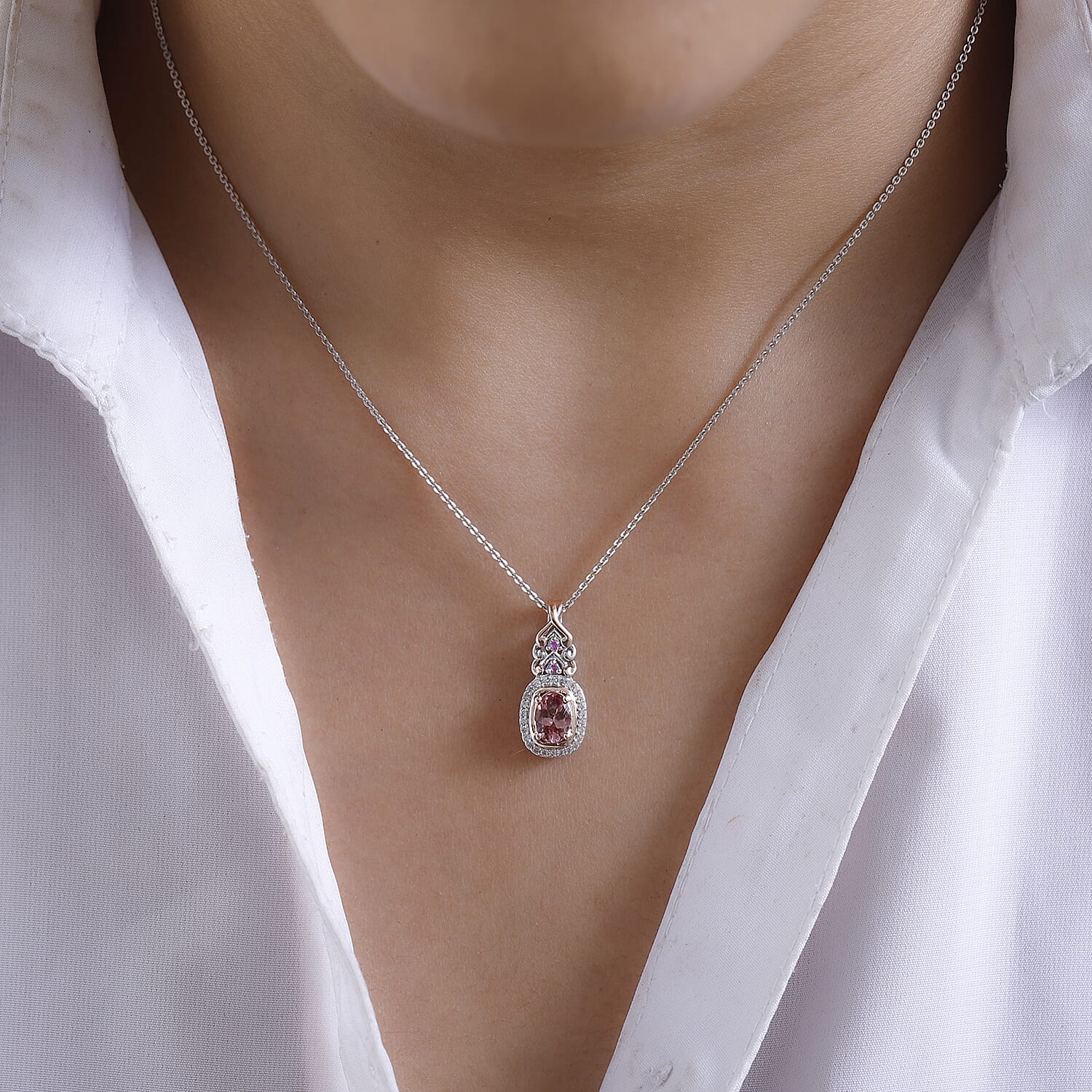 Red Rose Apatite and Multi Gemstone Pendant Necklace 20 Inches in Vermeil RG and Platinum Over Sterling Silver 1.00 ctw