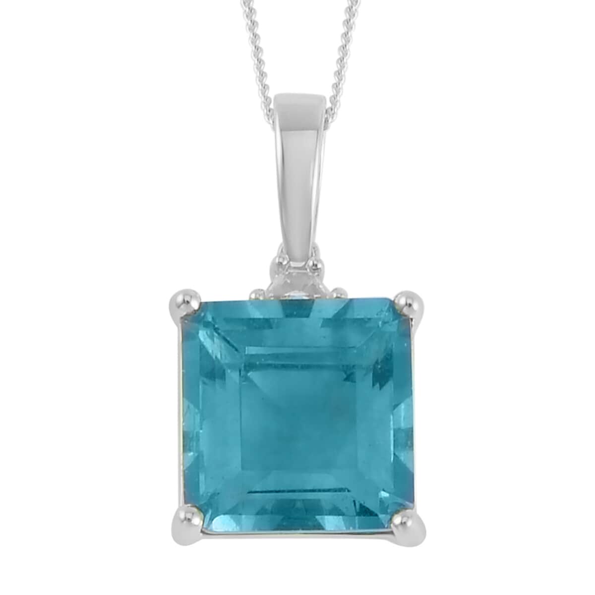 Asscher Cut Dean Teal Fluorite (IR) and White Topaz 10.10 ctw Pendant Necklace in Platinum Over Sterling Silver 18 Inches image number 0