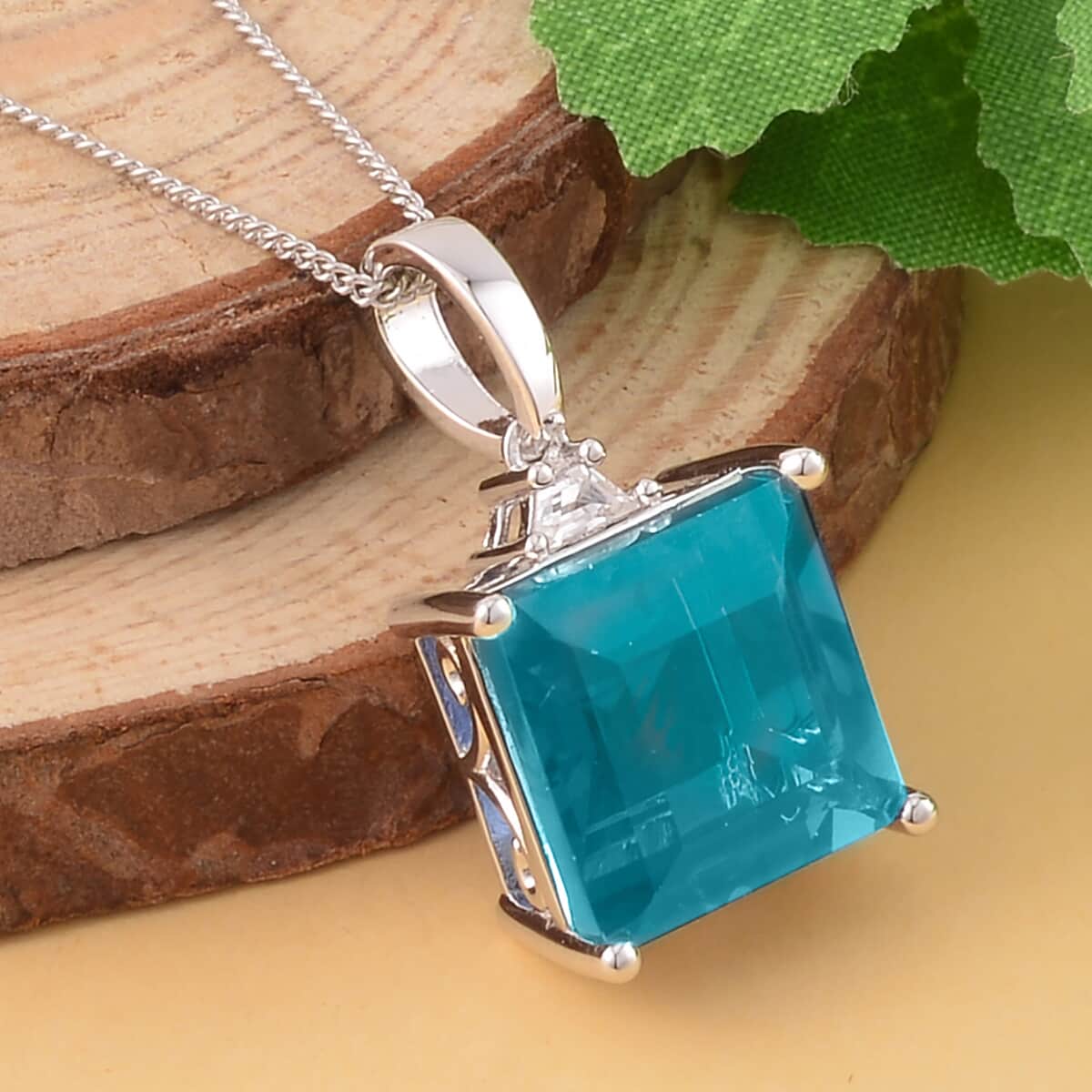 Asscher Cut Dean Teal Fluorite (IR) and White Topaz 10.10 ctw Pendant Necklace in Platinum Over Sterling Silver 18 Inches image number 1