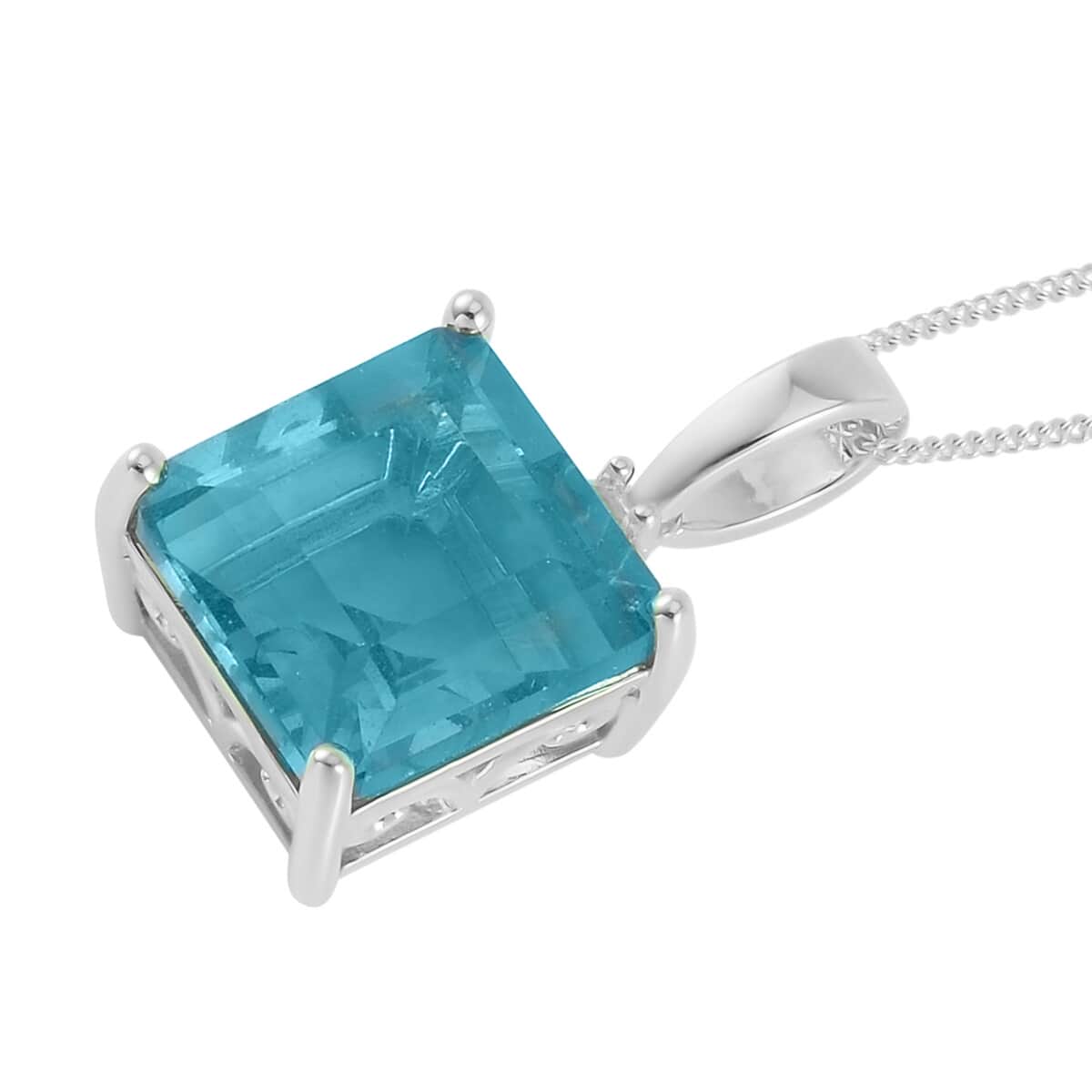 Asscher Cut Dean Teal Fluorite (IR) and White Topaz 10.10 ctw Pendant Necklace in Platinum Over Sterling Silver 18 Inches image number 3