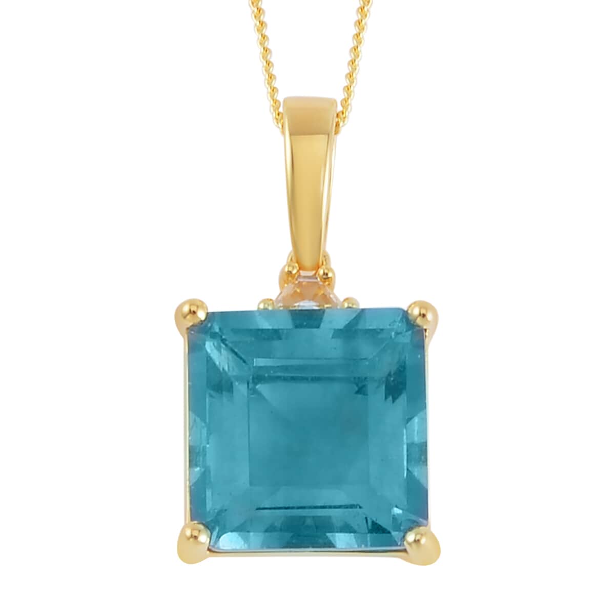 Asscher Cut Teal Fluorite (IR) and White Topaz 10.10 ctw Pendant Necklace in Vermeil Yellow Gold Over Sterling Silver 18 Inches image number 0