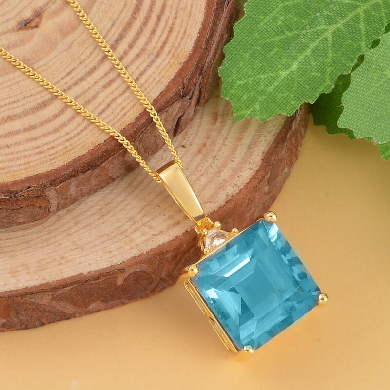 Asscher Cut Teal Fluorite (IR) and White Topaz 10.10 ctw Pendant Necklace in Vermeil Yellow Gold Over Sterling Silver 18 Inches